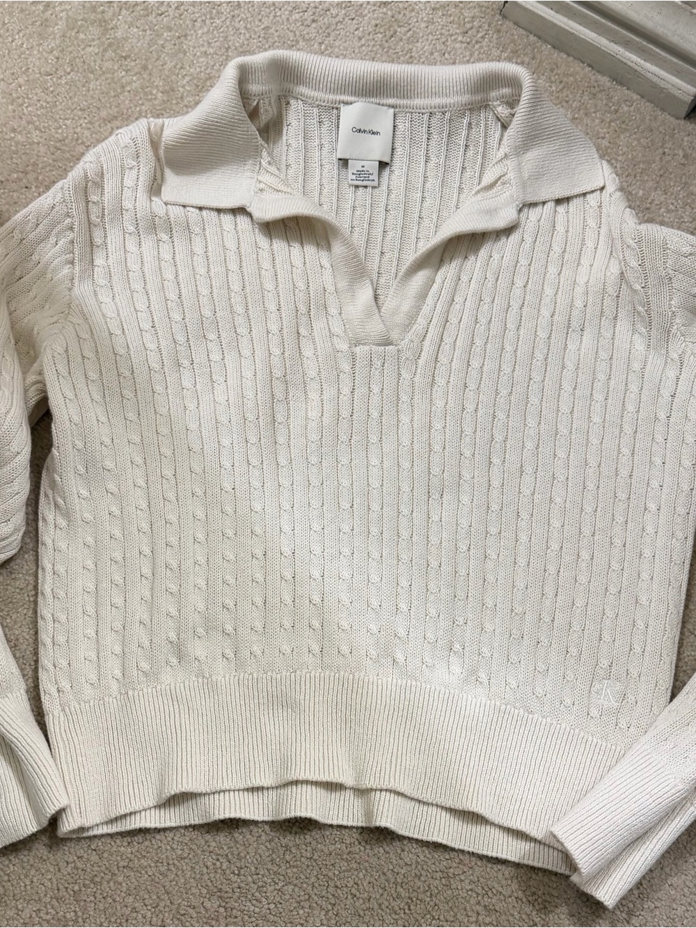 Women’s Calvin Klein Cream Cable-Knit Collared Sweater